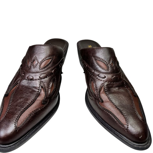 Roper Brown Tooled Leather Western Flame Mules Clogs Pointed Toe Heels Size 10 - Picture 2 of 10